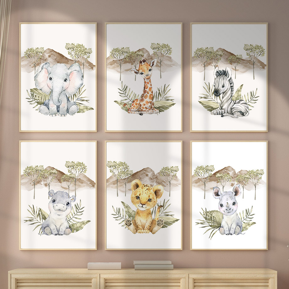 Baby Nursery Tree - Poster con Giraffa, Zebra, Elefante, Leone,